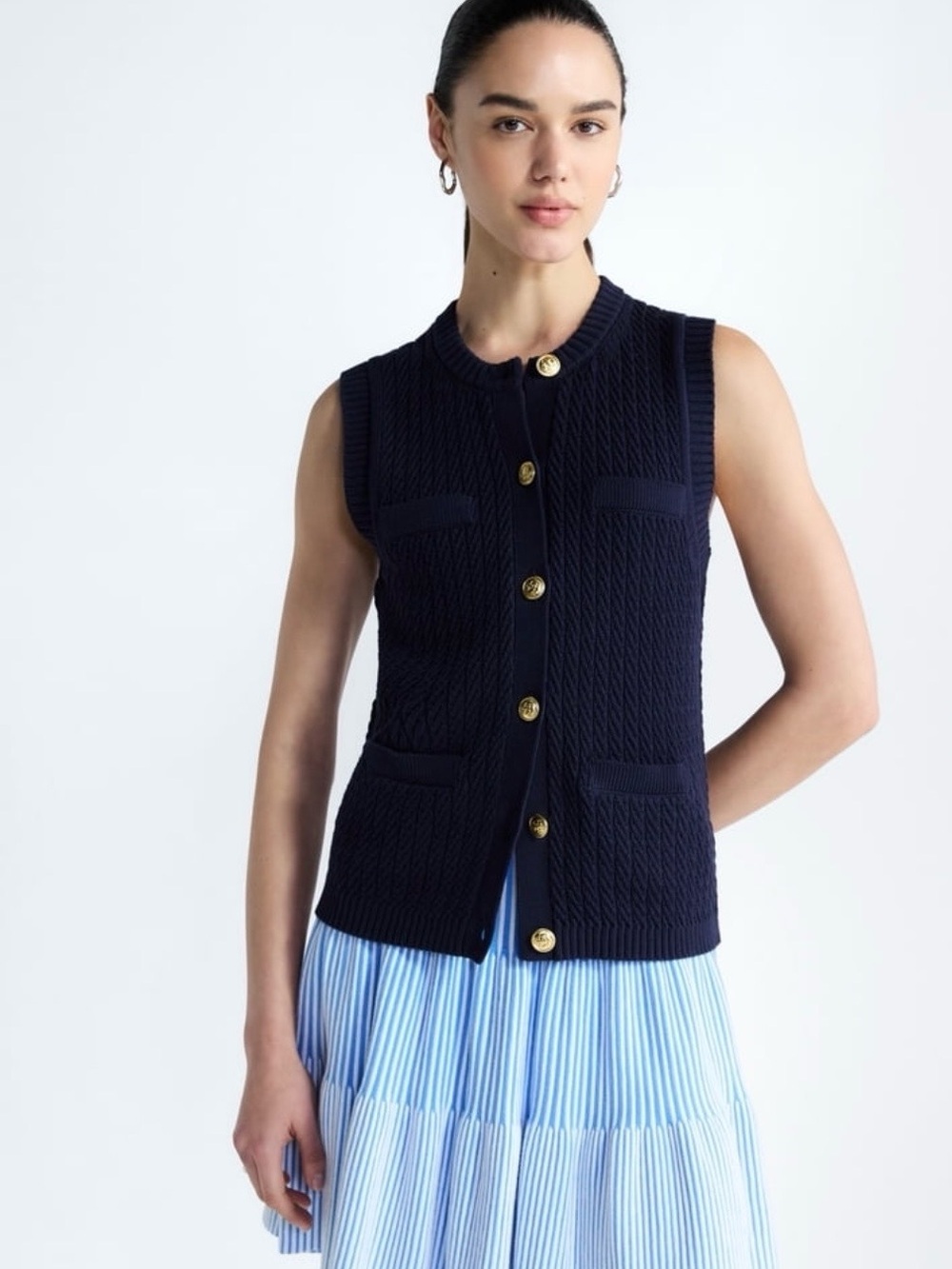 NWT Free Assembly Navy Knit Sleeveless Sweater Cardigan with Gold Buttons